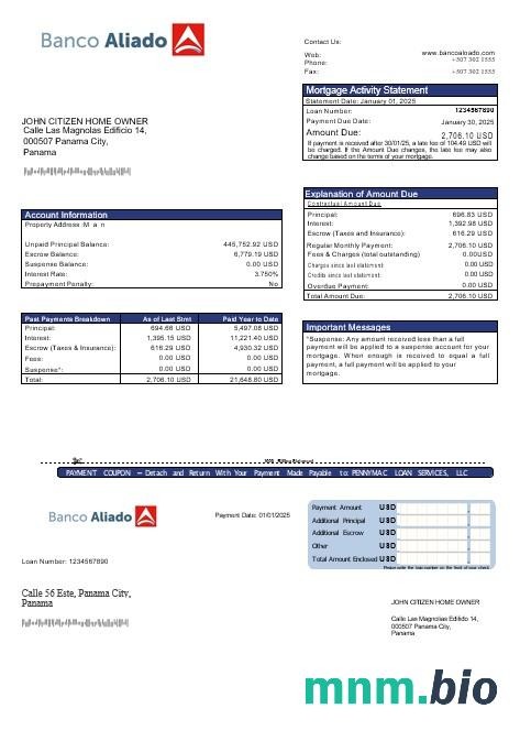 Panama Banco Aliado wyciąg z kredytu hipotecznego w formatach Word i PDF